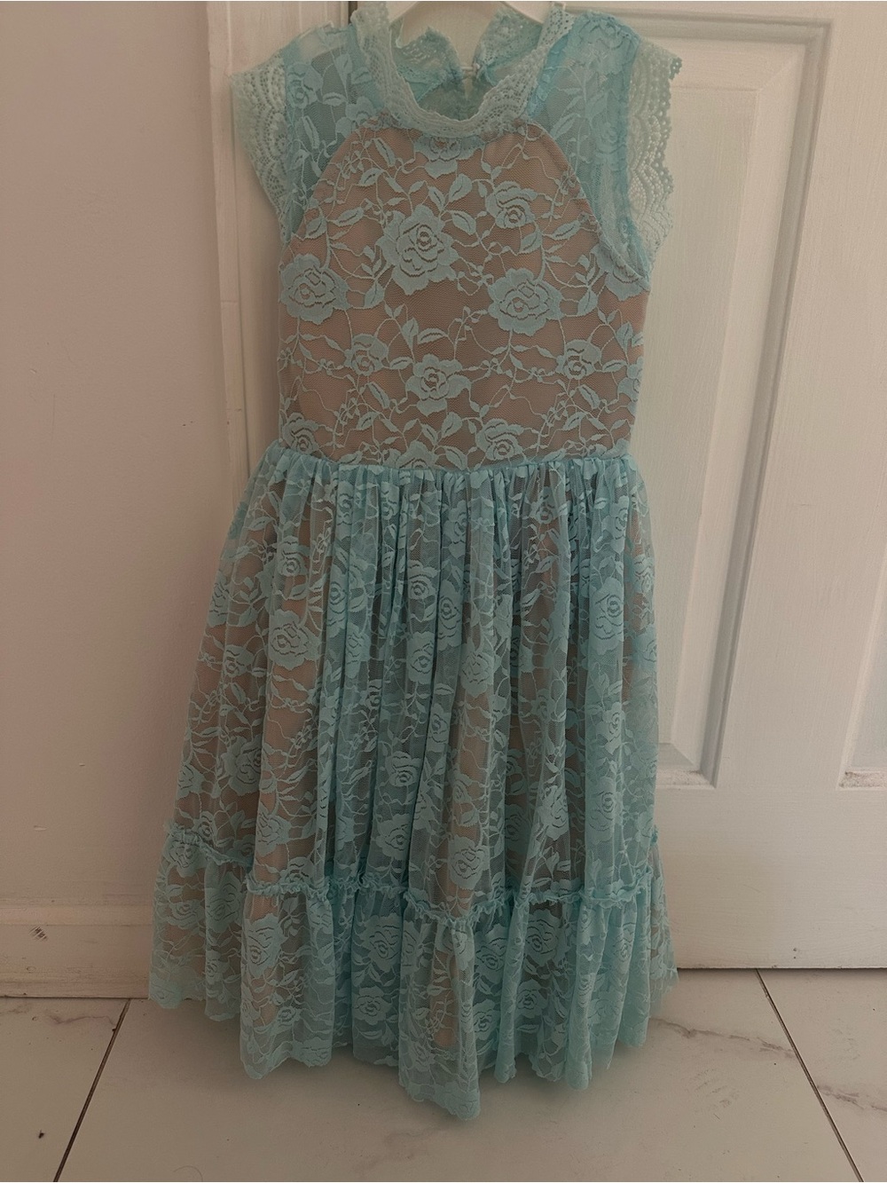 Girls Light Blue Lace Overlay Formal Dress